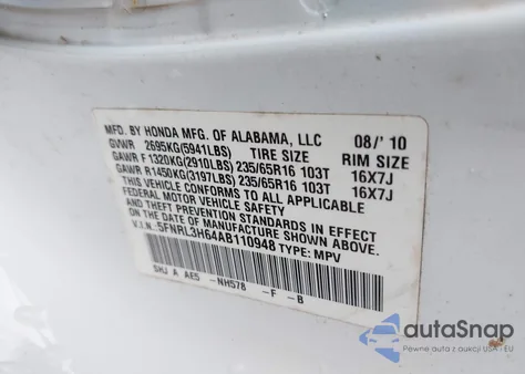 2010 Honda Odyssey Ex-L from USA, damaged, VIN 5FNRL3H64AB110948